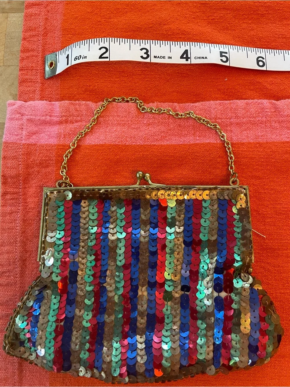 Sequin Stripe Vintage Evening Clutch - Multicolor With Gold Frame & Chain
